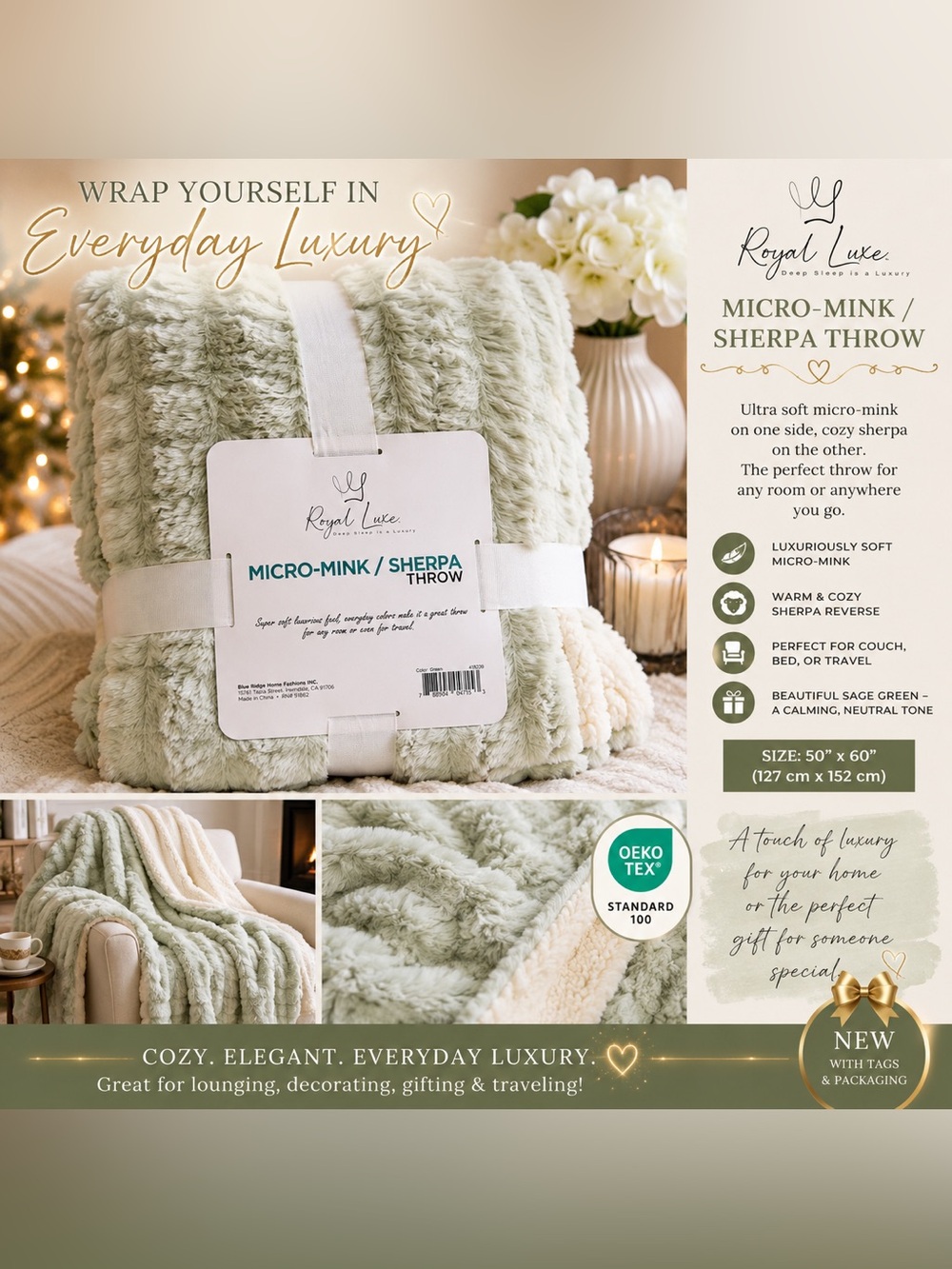 NWT Royal Luxe Sage Green Micro-Mink Sherpa Throw Blanket 50x60